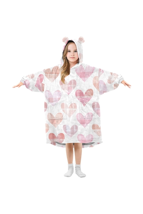 Hearts with Plaids Pattern Valentine Flannel Wearable Blankets Hooded Design Long Sleeves Wrap Unisex for 3T-14Y S