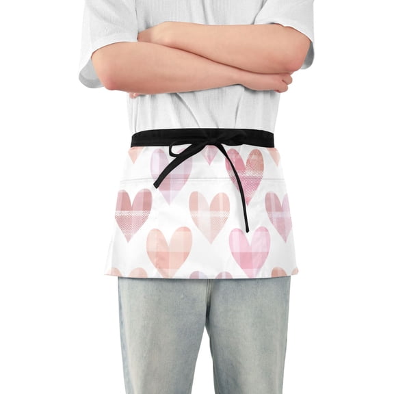 Hearts with Plaids Pattern Valentine Short Server Apron with 3 Pockets for Unisex Chef Gardening