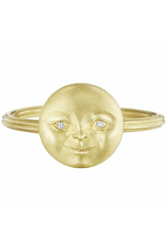 0.1ct Round Cut Moissanite Engagement Ring for Women Moon Face Design 18k Yellow Gold Over Silver