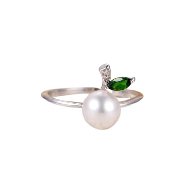 HeartsAndYou 0.3ct Natural Emerald & Diamond Pearl Leaf Design Ring 100% 14k SOLID White Gold