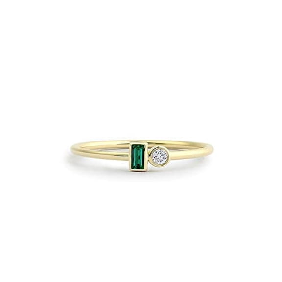 HeartsAndYou 0.4ct Natural Emerald & Diamond Two Stone Minimalist Ring 14k Solid Yellow Gold