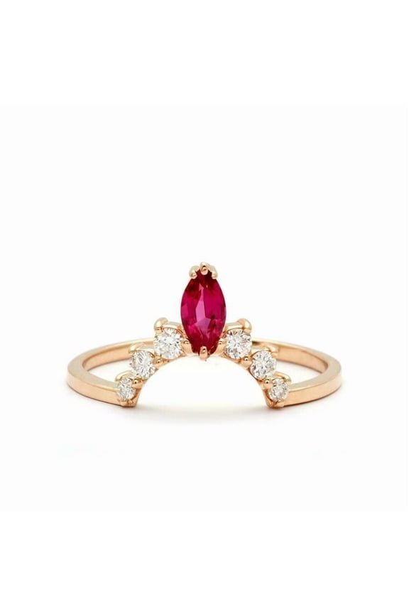 0.4ct Natural Pink Ruby & Diamond Wedding Band 14k SOLID Yellow Gold Crown Tiara