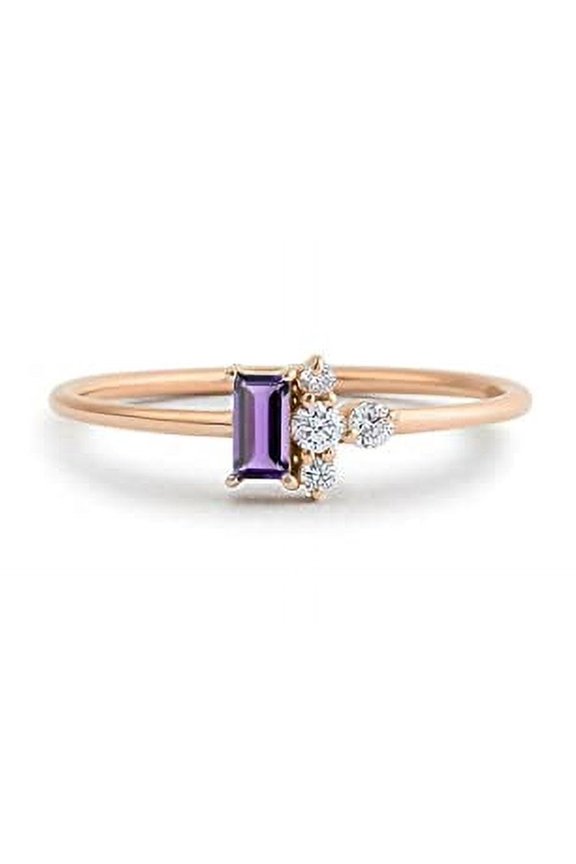 0.6ct Natural Baguette Amethyst Diamond Thin Minimalist Ring 14k SOLID Rose Gold