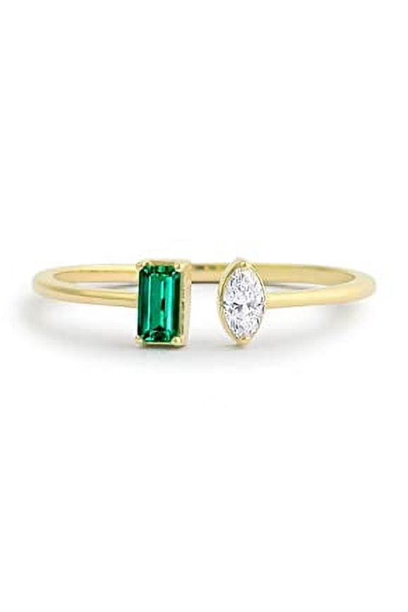 0.7ct Natural Emerald & Diamond Open Cuff Stackable Ring 14k SOLID Yellow Gold