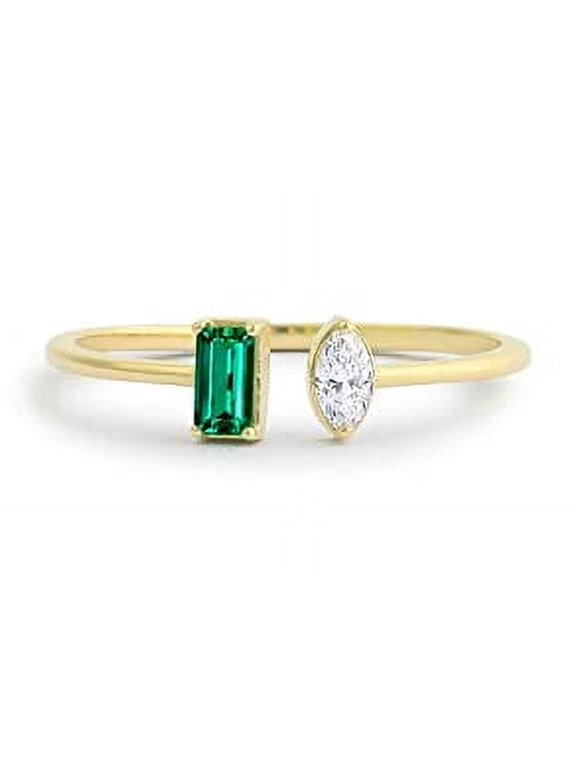 0.7ct Natural Emerald & Diamond Open Cuff Stackable Ring 14k SOLID Yellow Gold