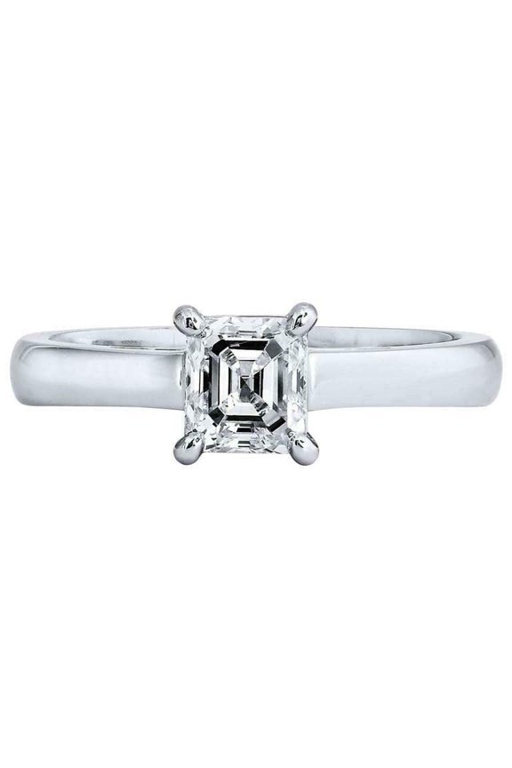 0.9ct Asscher Cut Moissanite Engagement Ring for Women 4 Prong Solitaire 18k White Gold Over Silver