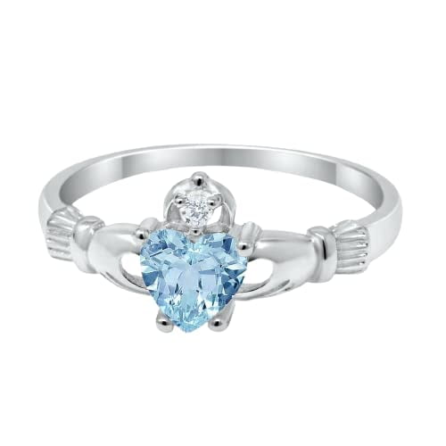 HeartsAndYou 1.1ct Natural Blue Aquamarine Claddagh Ring Irish Promise 14k SOLID White Gold
