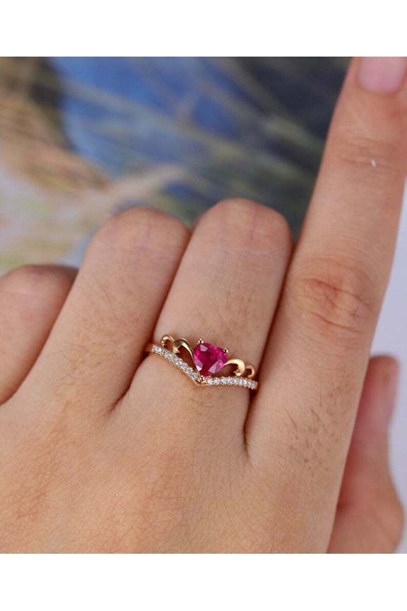 1.1ct Natural Ruby & Diamond Wedding Band Curved Crown 14k SOLID Yellow Gold