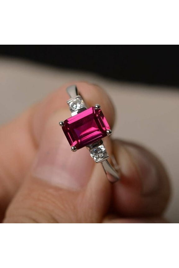 1.2ct Emerald Cut Natural Pink Ruby Ring 14k SOLID White Gold Moissanite Accent