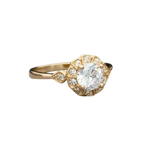 HeartsAndYou 1.2ct Engagement Ring for Women Round Cut Moissanite Halo Vintage Inspired 18k Yellow Gold Over Silver