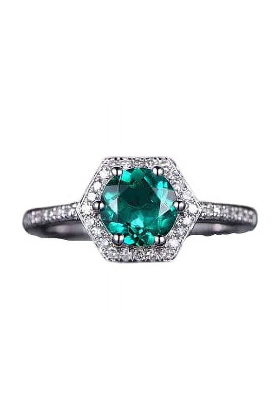 1.2ct Natural Emerald & Diamond Unique Hexagon Halo Ring 14k SOLID White Gold
