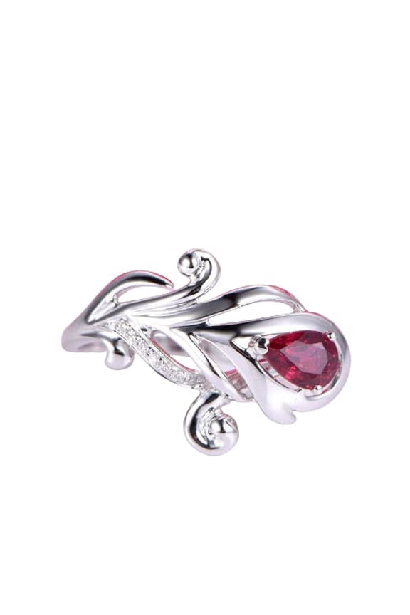 1.2ct Natural Pear Ruby Diamond Ring Flower Feather Design 14k SOLID White Gold