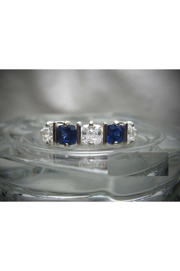 1.2ct Natural Sapphire & Diamond 5 Stone Stackable Wed Band 14k SOLID White Gold