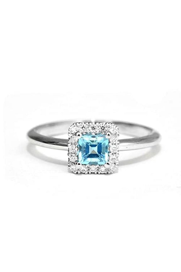 1.2ct Princess Natural Blue Aquamarine & Diamond Halo Ring 14k SOLID White Gold