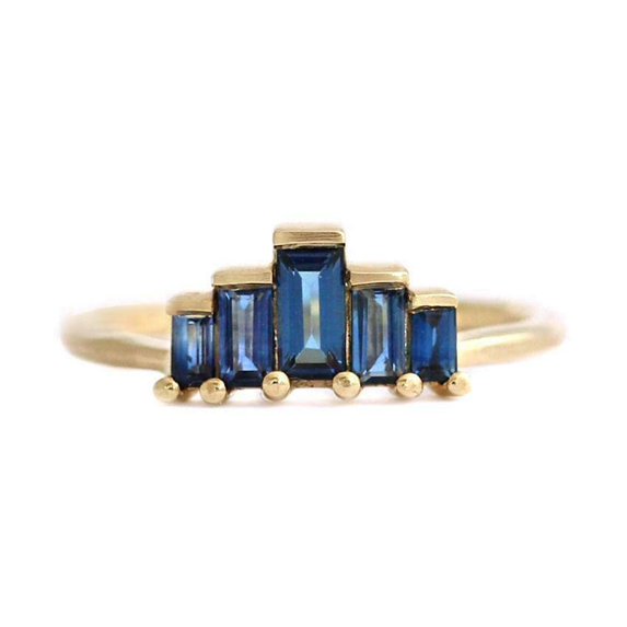 HeartsAndYou 1.3ct Natural Baguette Blue Sapphire Ring 14k SOLID Yellow Gold Art Deco Crown