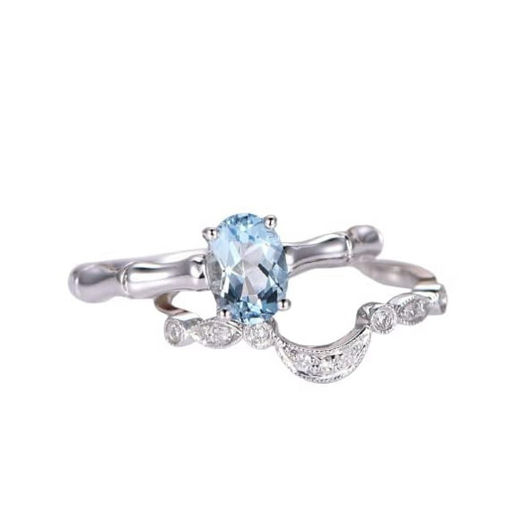 HeartsAndYou 1.3ct Natural Blue Aquamarine Bridal Set Engagement Ring 14k SOLID White Gold