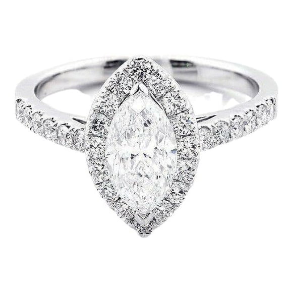 HeartsAndYou 1.5ct Marquise Cut Moissanite Halo Solitaire Engagement Ring for Women 18k White Gold Over Silver