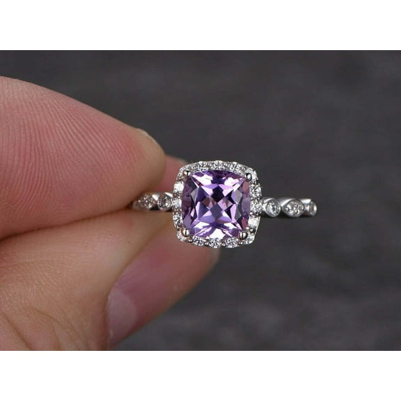 HeartsAndYou 1.5ct Natural Amethyst & Diamond Engagement Ring Halo 100% 14k SOLID White Gold