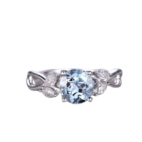 HeartsAndYou 1.5ct Natural Aquamarine & Diamond Floral Leaf Design Ring 14k SOLID White Gold