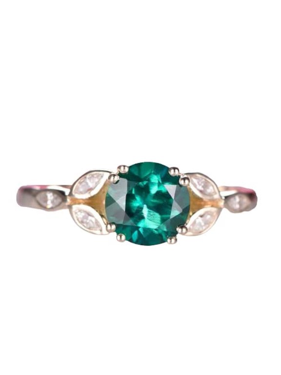1.5ct Natural Emerald & Diamond Art Deco Leaf Design Ring 14k SOLID Yellow Gold