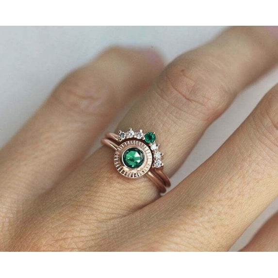 HeartsAndYou 1.5ct Natural Emerald Diamond Engage Ring 14k SOLID Rose Gold Curved Bridal Set