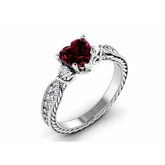 HeartsAndYou 1.5ct Natural Garnet Diamond Milgrain Trilogy Solitaire Ring 14k REAL White Gold