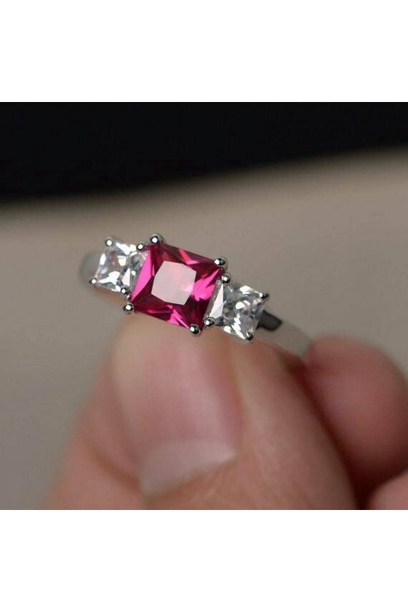 1.5ct Natural Pink Ruby Engagement Ring 100% 14k SOLID White Gold Unique Trilogy