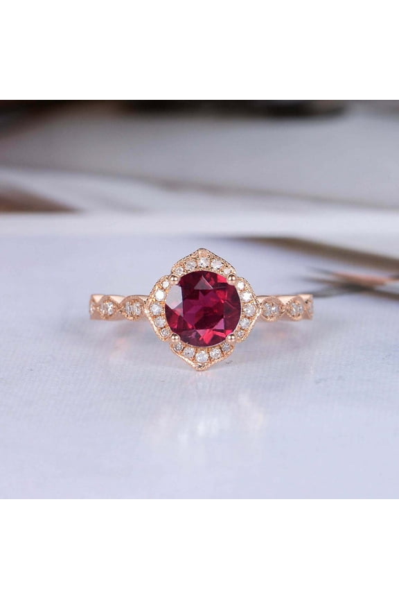 1.5ct Natural Ruby & Diamond Ring Halo Accents 100% REAL 14k SOLID Rose Gold