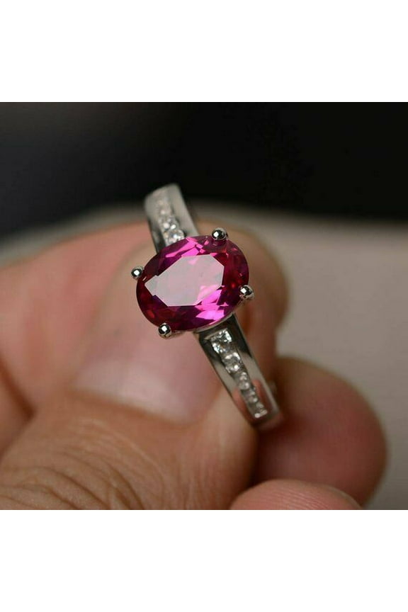 1.5ct Oval Cut Natural Pink Ruby Ring 14k SOLID White Gold & Moissanite Accent