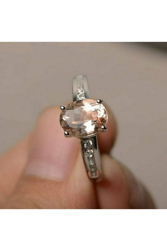1.5ct Oval Natural Peach Morganite Ring 14k SOLID White Gold Moissanite Accents