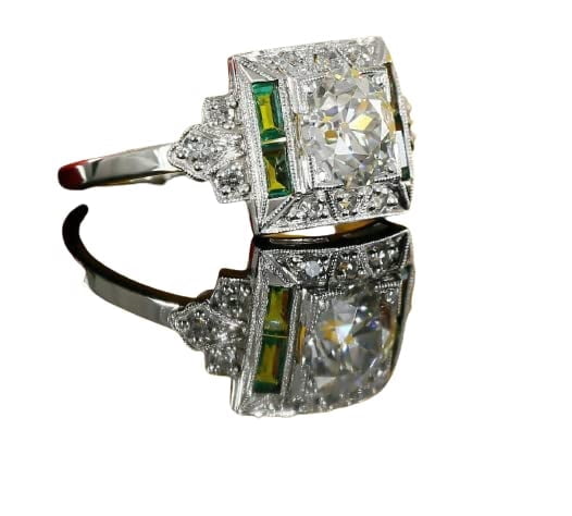 HeartsAndYou 1.5ct Round Cut Moissanite Emerald Art Deco Engagement Ring for Women 18k White Gold Over Silver