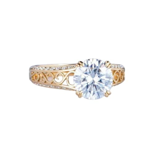 HeartsAndYou 1.5ct Round Cut Moissanite Engagement Ring for Women Filigree Solitaire 18k Yellow Gold over Silver