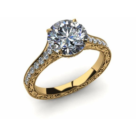HeartsAndYou 1.5ct Round Cut Moissanite Vintage Inspired Solitaire Engagement Ring for Women 18k Yellow Gold Over Silver