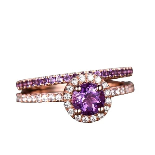 HeartsAndYou 1.6ct Natural Amethyst Halo Bridal Set Engagement Ring 100% 14k SOLID Rose Gold