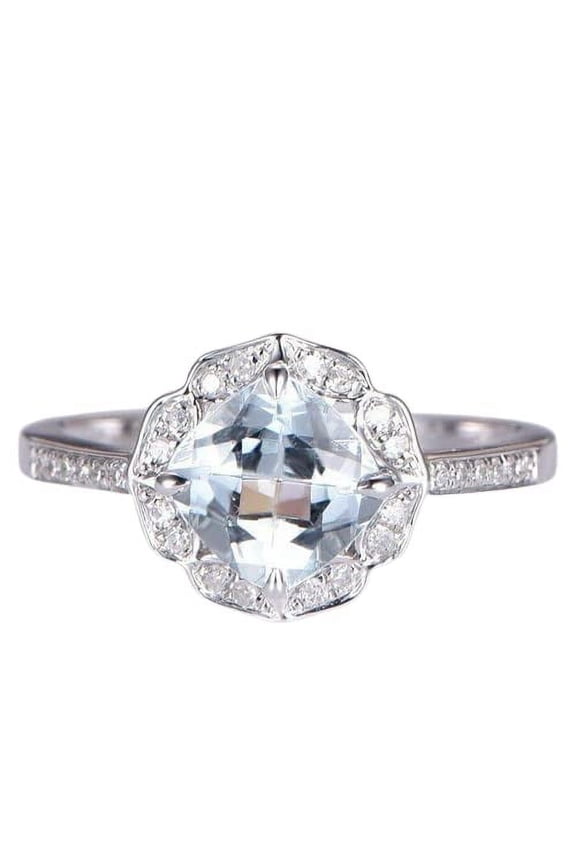 1.6ct Natural Blue Aquamarine Stylish Floral Birthday Ring 14k SOLID White Gold