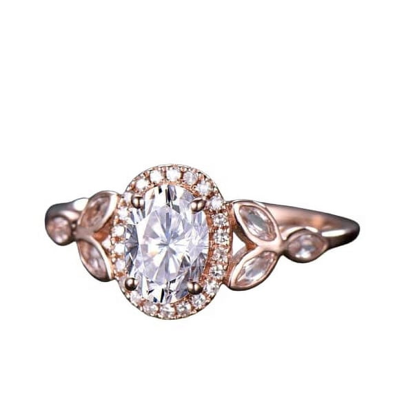 HeartsAndYou 1.7ct Oval Cut Moissanite Leaf Design Halo Engagement Ring for Women 18k Rose Gold over Silver
