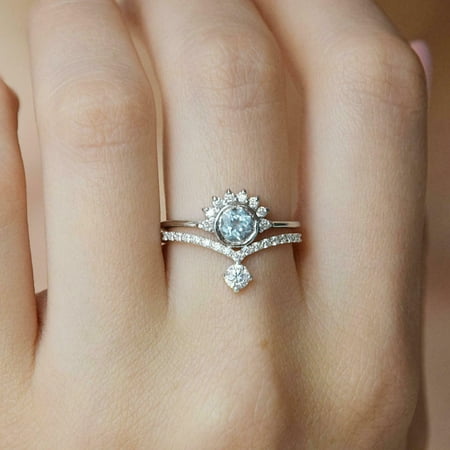 HeartsAndYou 1.8ct Natural Aquamarine & Diamond Ring Crown Bridal Set 14k SOLID White Gold