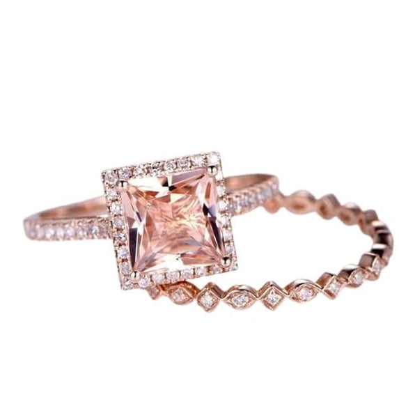 HeartsAndYou 1.9ct Natural Morganite Halo Bridal Set Engagement Ring 100% 14k SOLID Rose Gold