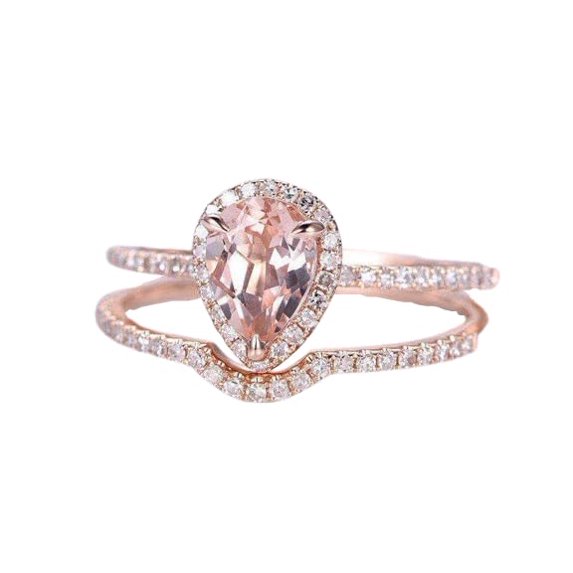 HeartsAndYou 1.9ct Natural Peach Morganite Bridal Set Engagement Ring 14k SOLID Rose Gold