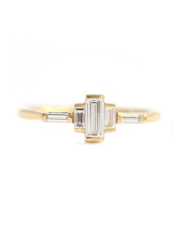 1ct Baguette Cut Moissanite Engagement Ring for Women 18k Yellow Gold Over Silver Geometric Petite