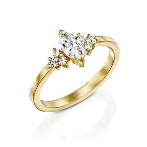HeartsAndYou 1ct Engagement Ring for Women Marquise Moissanite Round Petite Solitaire 18k Yellow Gold Over Silver