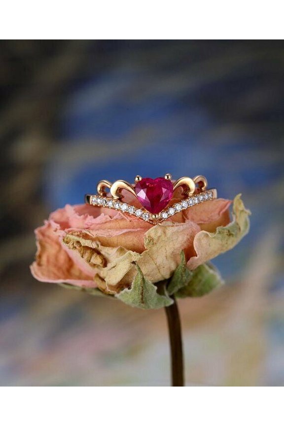 1ct Heart Cut Natural Pink Ruby Moissanite Ring 14k SOLID Rose Gold Crown Design