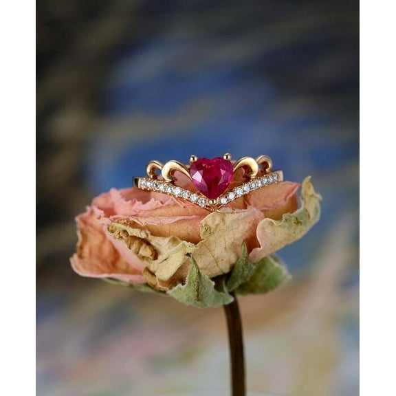 HeartsAndYou 1ct Heart Cut Natural Pink Ruby Moissanite Ring 14k SOLID Rose Gold Crown Design