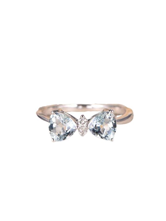 1ct Natural Aquamarine & Diamond Bow Trendy Design Ring 14k SOLID White Gold
