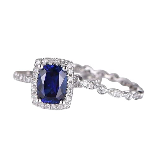 HeartsAndYou 1ct Natural Blue Sapphire Bridal Set Engagement Ring 100% 14k SOLID White Gold