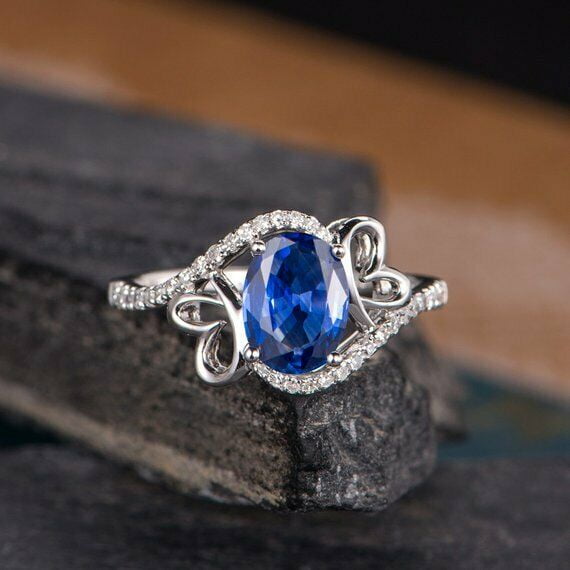 HeartsAndYou 1ct Natural Blue Sapphire Engagement Ring 14k SOLID White Gold Butterfly Curved