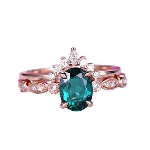 HeartsAndYou 1ct Natural Emerald Diamond Engagement Ring Crown Bridal Set 14k SOLID Rose Gold