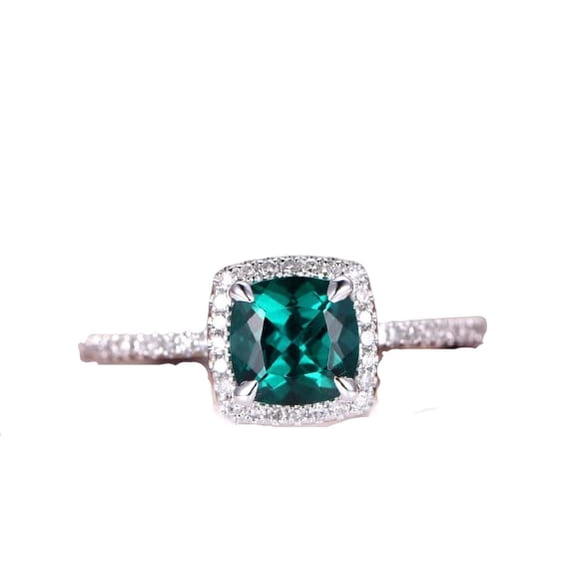 HeartsAndYou 1ct Natural Green Emerald & Diamond Engagement Ring Halo 14k SOLID White Gold