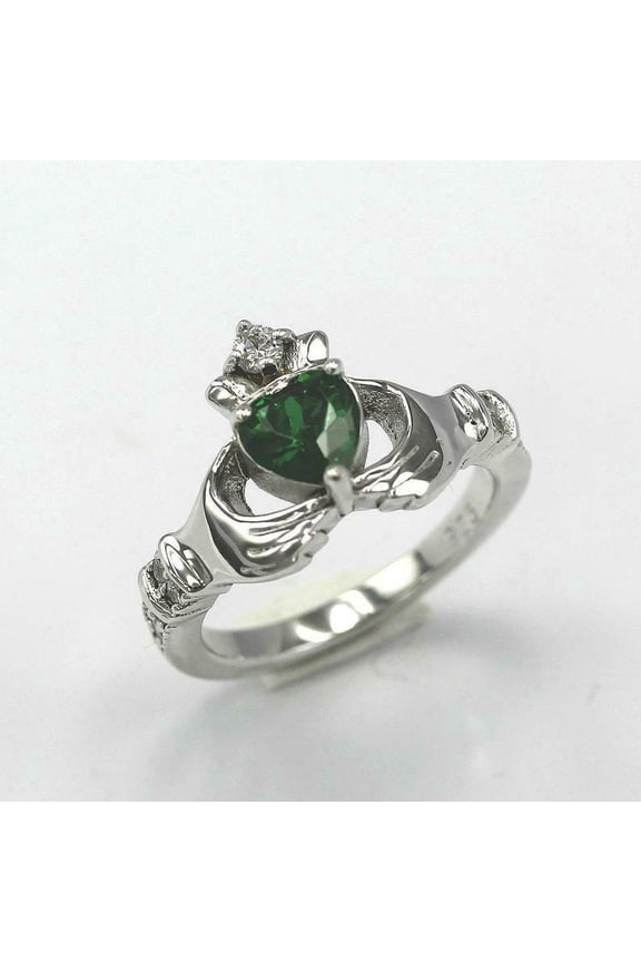 1ct Natural Green Emerald & Diamond Ring Claddagh 100% REAL 14k SOLID White Gold