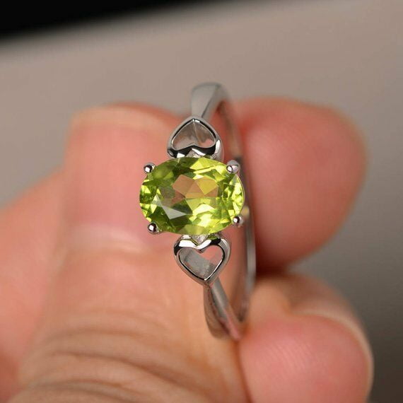 HeartsAndYou 1ct Natural Green Peridot Promise Solitaire Birthday Ring 14k SOLID White Gold